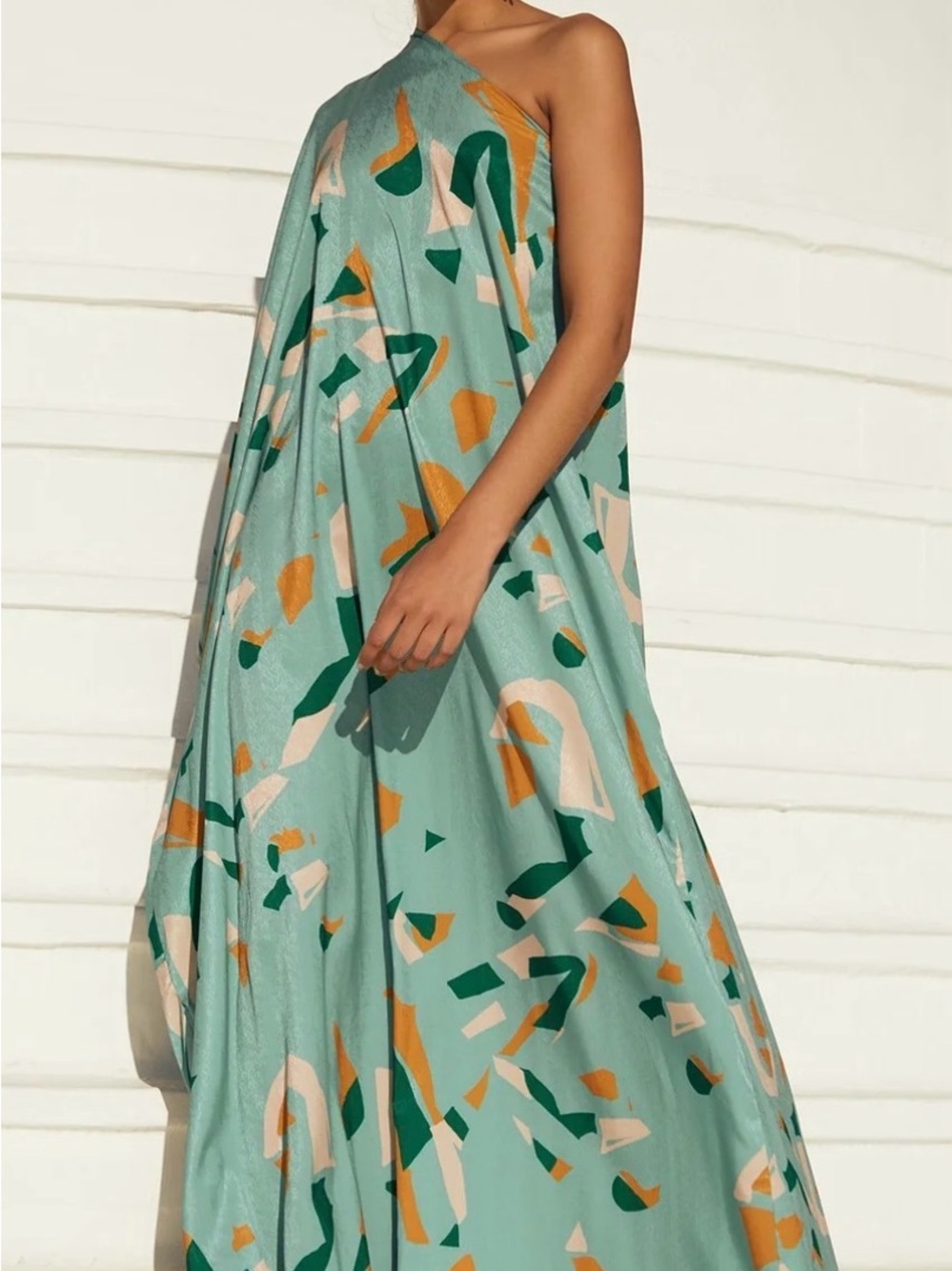 Diarrablu One-Shoulder Maxi Dress in Mint Green Abstract Print
